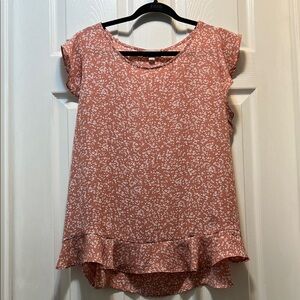 LOFT Pink Floral Blouse with Ruffle Hem